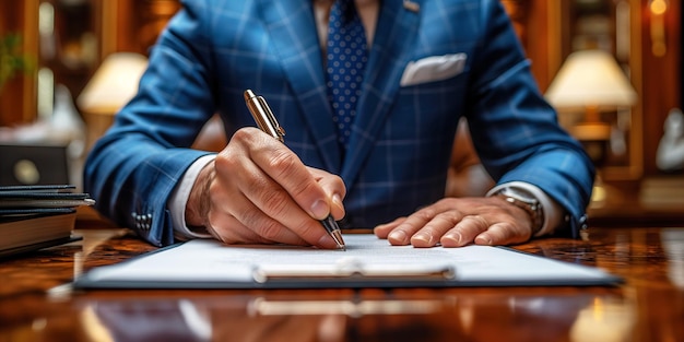 homem político de terno e gravata assina documento acordo de contrato com caneta na mão na mesa no escritório