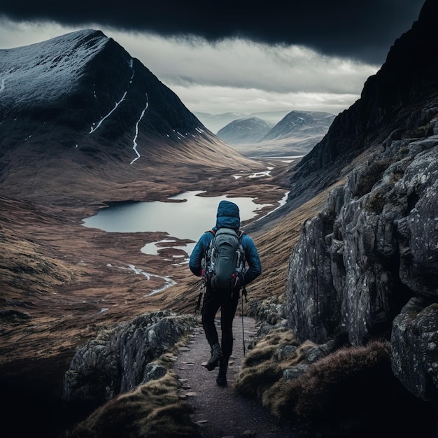 homem por trás com mochila e equipamento caminhando em uma maravilhosa paisagem natural generativa ai