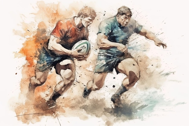Homem praticando rugby retrato de um jogador profissional de rugby Pintura em aquarela