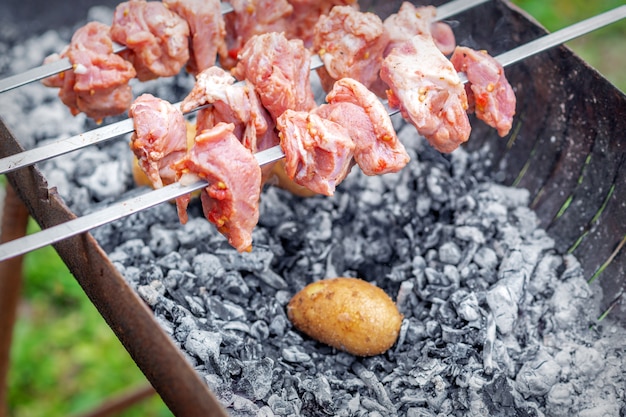 Homem prepara carne de churrasco com batatas