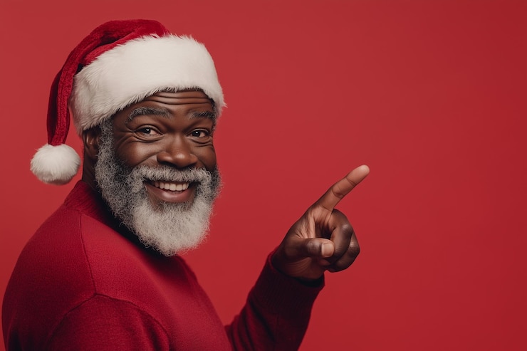 Foto homem preto com um chapéu vermelho e barba apontando para algo ele está sorrindo e ele está feliz