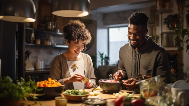 Foto homem preto e mulher chinesa a cozinhar o pequeno-almoço juntos.