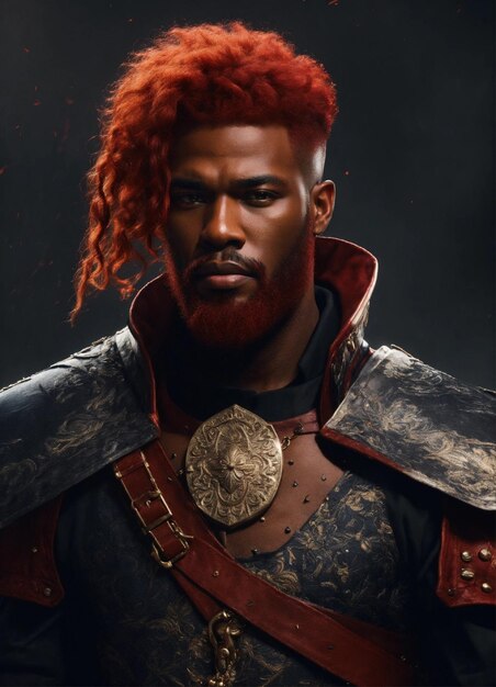Homem preto, general, cabelo vermelho, barba vermelha, fantasia em 4K.