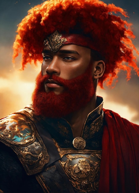 Homem preto, general, cabelo vermelho, barba vermelha, fantasia em 4K.