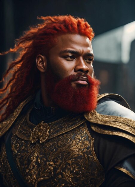 Homem preto, general, cabelo vermelho, barba vermelha, fantasia em 4K.