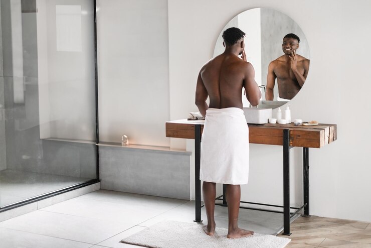 Foto homem preto tocando o rosto olhando para o reflexo no espelho dentro de casa