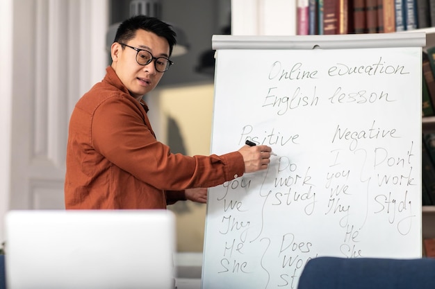 Homem professor de japonês tendo aula on-line ensinando inglês on-line indoor