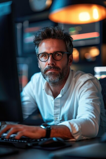 Foto homem profissional com óculos e barba está trabalhando em um computador portátil