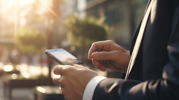 Homem profissional de fato envolvido com o ambiente da hora de ouro do seu smartphone