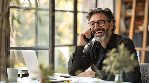 Homem profissional sorridente envolvendo-se em uma conversa telefônica em seu espaço de escritório brilhante Atmosfera de negócios casual Lugar de trabalho moderno com uma vibração alegre IA