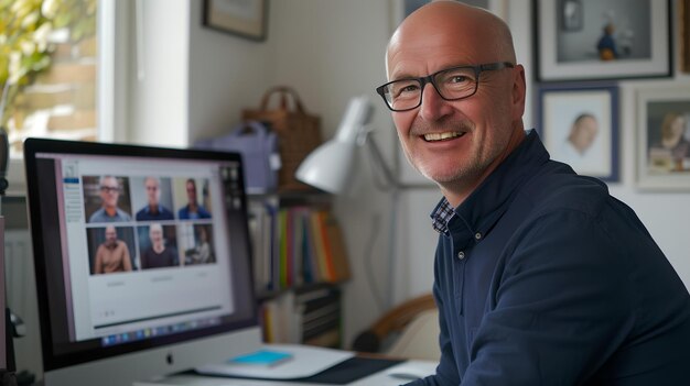 Homem profissional sorridente na mesa do escritório com computador espaço de trabalho criativo estilo de negócios casual em um ambiente de escritório em casa moderno AI