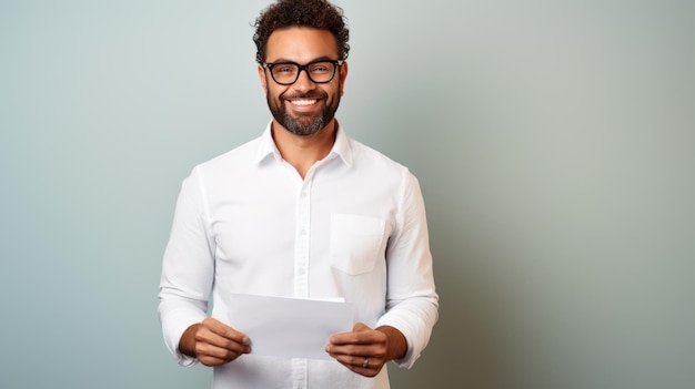 Homem profissional sorrindo enquanto segura uma pilha de documentos