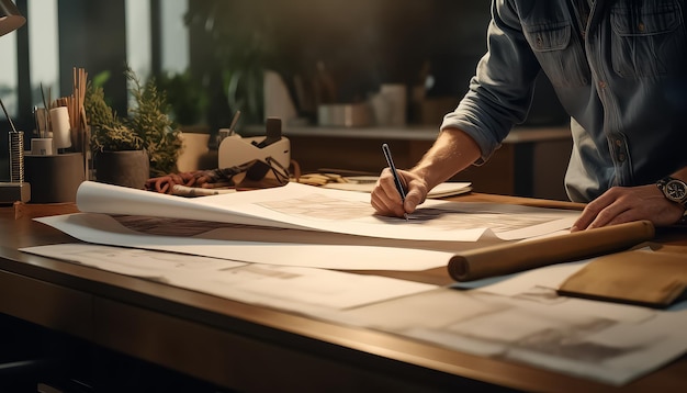 Homem projetando uma casa desenhando e escrevendo