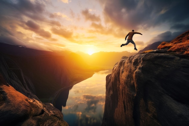 Homem pulando sobre a rocha nas montanhas ao pôr do sol Parkour perigoso e louco sobre o penhasco Rio no pano de fundo Generative AI