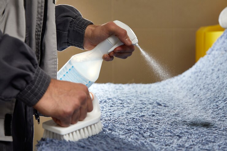 Foto homem pulverizando detergente no carpete cinza para remover manchas em serviço de limpeza profissional