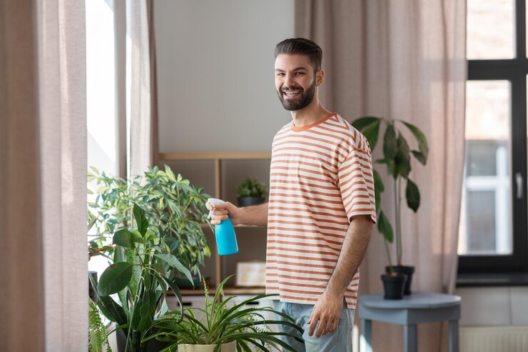 Foto homem pulverizando planta de casa com água em casa