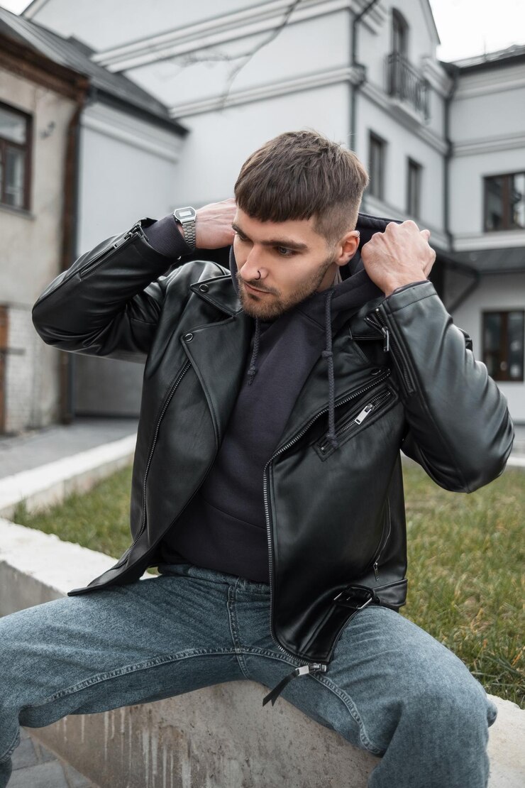 Foto homem punk bonito na moda com tatuagem de barba e pescoço de cabelo em roupa casual elegante com jaqueta e capuz senta-se na cidade vestindo um capuz