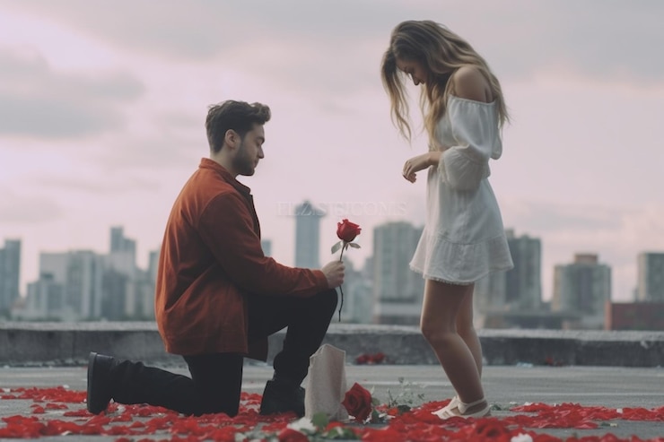 Foto homem que ajoelha dando suas rosas da amiga e de um presente vermelho