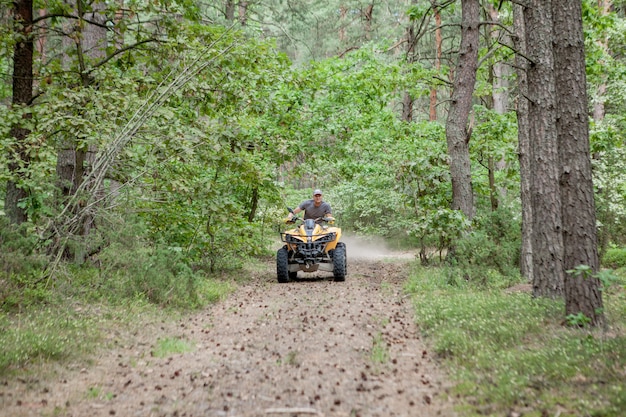 Homem que monta um veículo todo-terreno amarelo de quadriciclo ATV em uma floresta arenosa. Movimento de esportes radicais, aventura, atração turística.