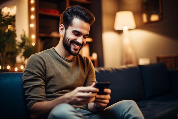 Homem que navega no smartphone na sala de estar