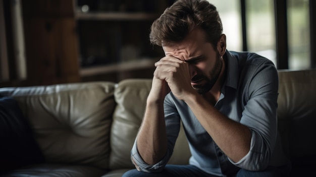 Homem que sofre de depressão sentado no sofá de pijama