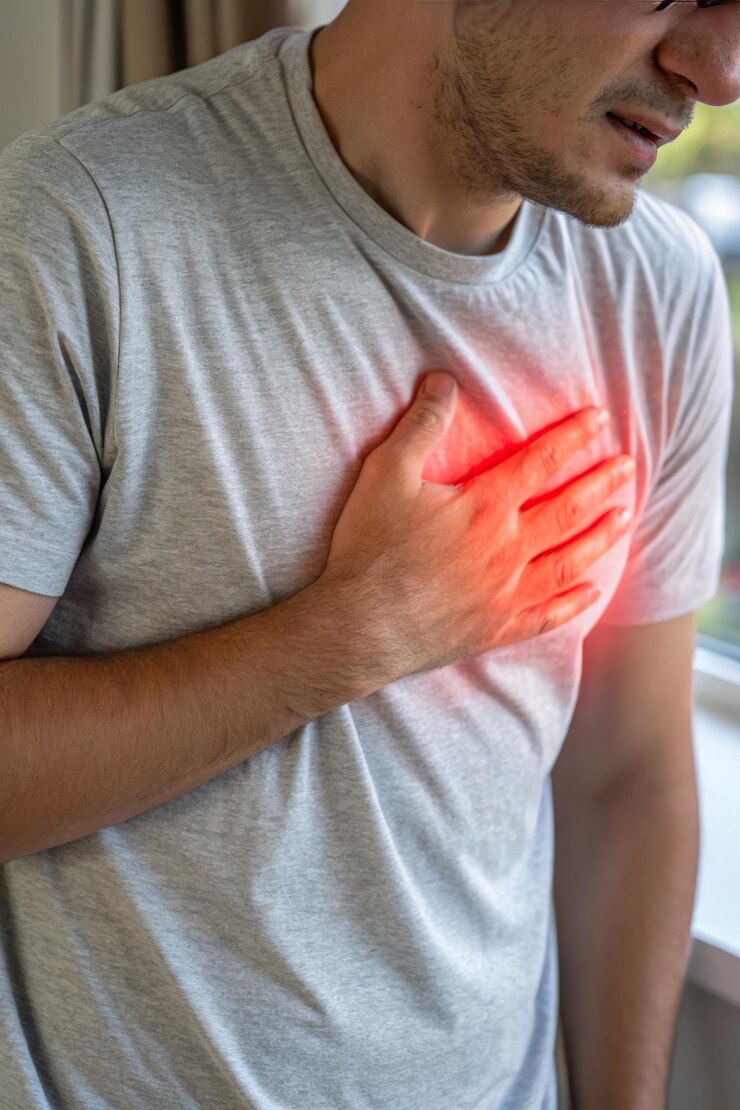 Foto homem que sofre de dor no peito sintomas de ataque cardíaco conceito de doença cardiovascular