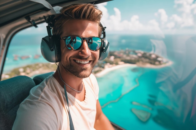 Homem radiante com fones de ouvido pilota um helicóptero exibindo vistas vibrantes da costa