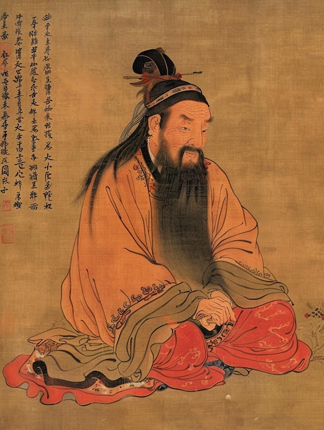 homem rapado com barba sentado em um tapete com um pano vermelho generativo ai