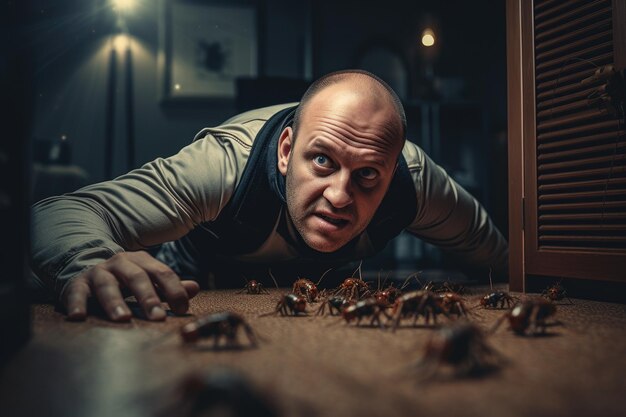 Homem rastejando no chão com um monte de formigas nas mãos Exterminador de controle de pragas eliminando baratas dentro de casa Gerado por IA