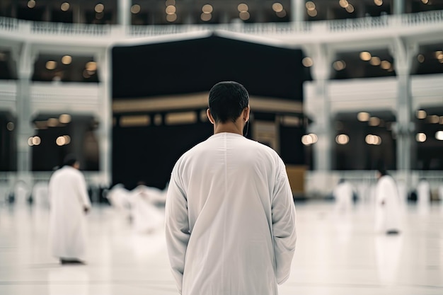 Homem realizando Hajj na frente Kaabah