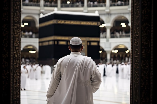 Homem realizando Hajj na frente Kaabah