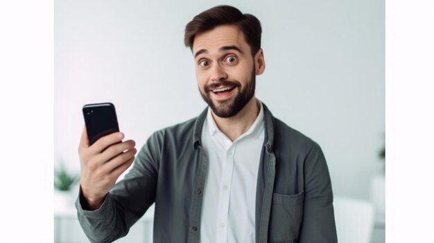 Homem recomendando um telefone móvel em um fundo de luz branca de escritório