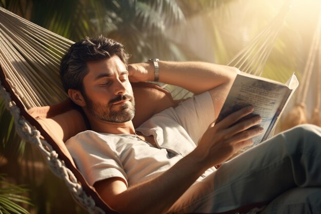 homem relaxado numa rede a ler um romance de ficção científica