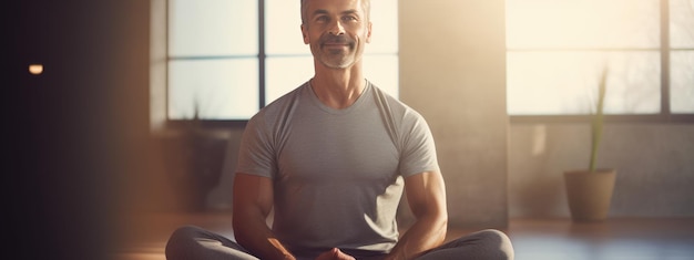 Homem relaxado praticando pose de lótus em yoga meditando e sorrindo