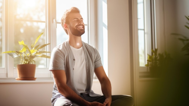 Foto homem relaxado praticando postura de lótus em ioga meditando e sorrindo