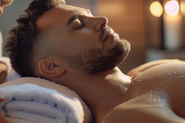 Foto homem relaxando conforto recebendo massagem no pescoço