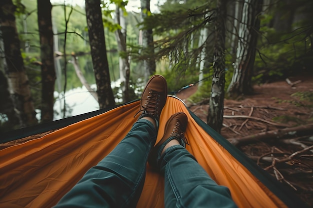 Homem relaxando em uma hamaca na floresta