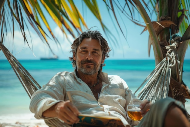 Foto homem relaxando em uma hamaca na praia