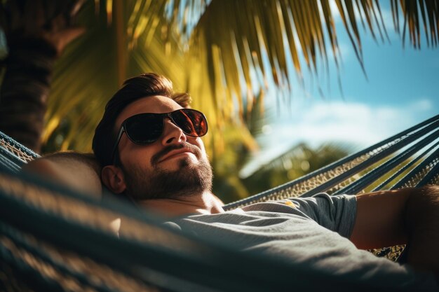 Foto homem relaxando em uma rede com óculos de sol