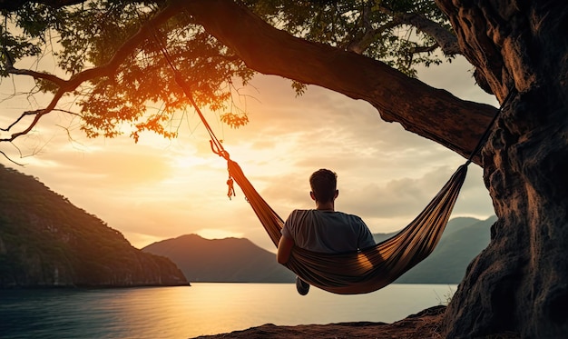 Foto homem relaxando em uma rede perto de um lago sereno durante o pôr do sol criado com ferramentas generativas de ia