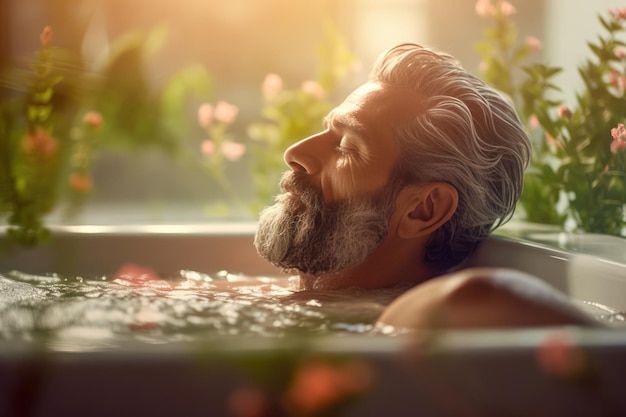 Homem relaxando na água do banho Homem bonito, caucasiano, de meia idade, com barba e cabelos grisalhos, curtindo a vida Saúde mental, trabalho, vida, equilíbrio, alívio do estresse, desacelerar o conceito AI Conteúdo gerado