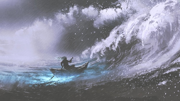 homem remando um barco mágico em um mar tempestuoso com ondas violentas, estilo de arte digital, pintura de ilustração