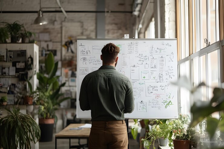 Foto homem revisando quadro branco com esboços e diagramas escritos à mão em um escritório