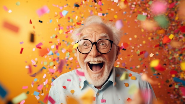 Foto homem rindo feliz com confetes caindo, aniversário, ano novo, festa divertida de comemoração