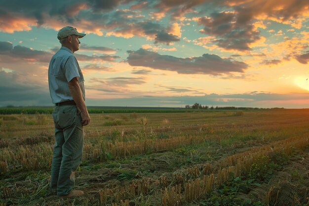 Foto homem rural camponês contemplando o campo