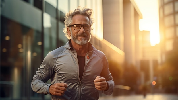 Homem sai para correr Velho vive uma vida saudável para longevidade nas ruas da cidade pela manhã