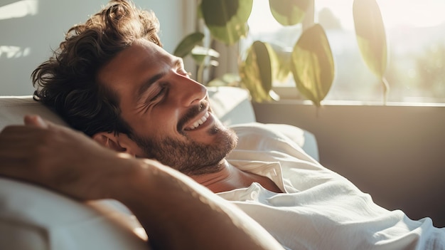 Foto homem satisfeito deitado com um sorriso relaxando depois de um dia de trabalho na semana