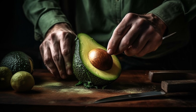 Homem saudável prepara guacamole gourmet com fatias frescas de abacate orgânico geradas por IA