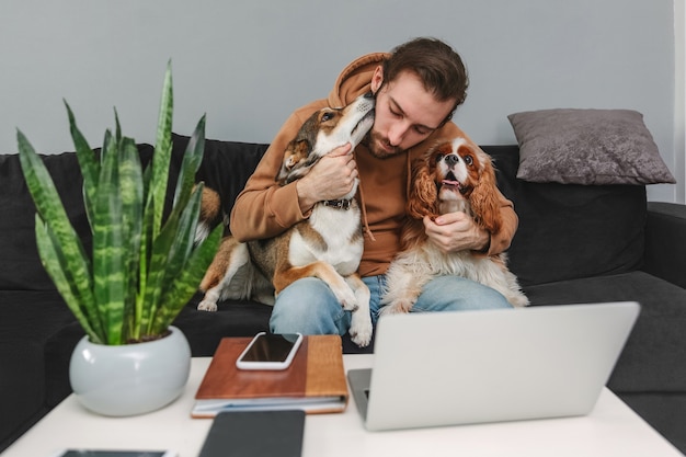 Homem se abraçando com cachorros enquanto trabalha no laptop enquanto está sentado no sofá em casa