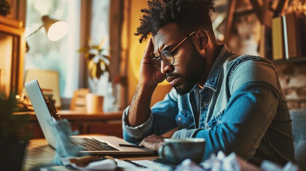 Foto homem se sentindo estressado enquanto trabalha em seu laptop ele tem a cabeça nas mãos uma expressão de dor no rosto que significa uma dor de cabeça frustração ou exaustão